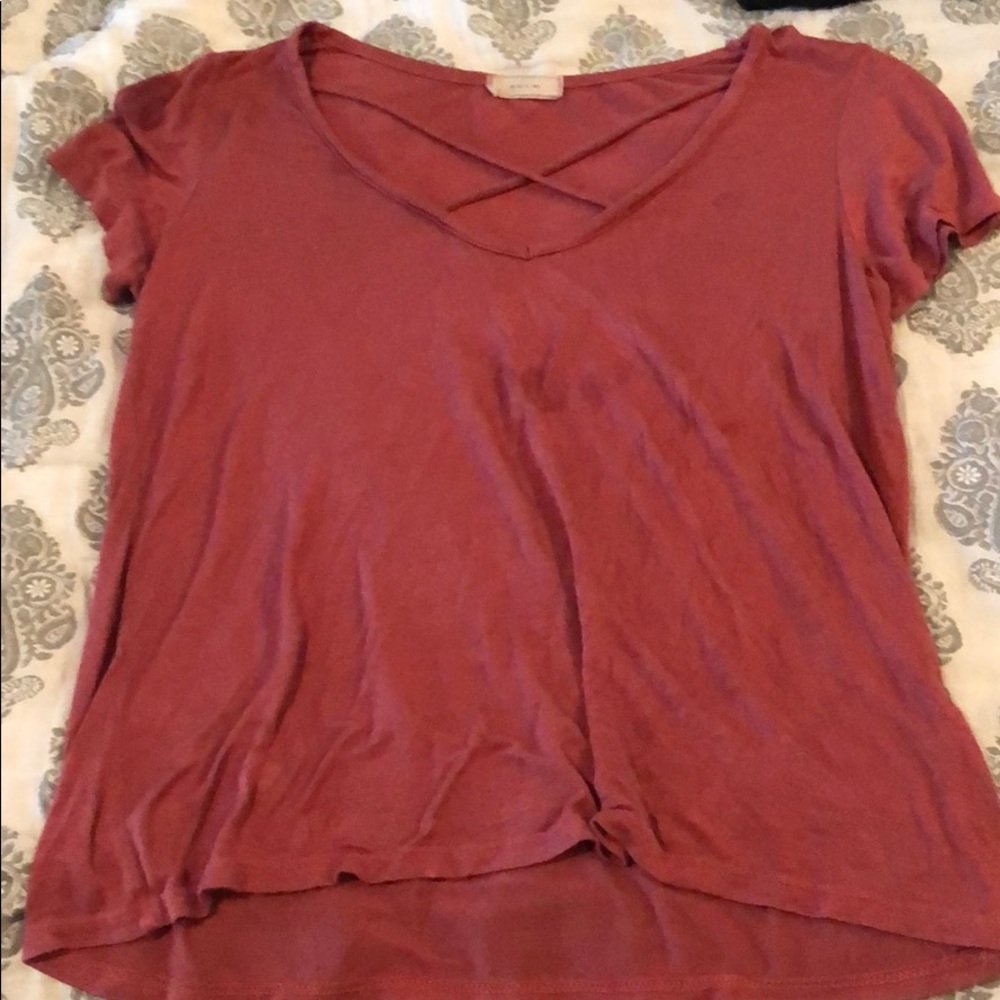 Dusty Red Tee with Crisscrossed Detail